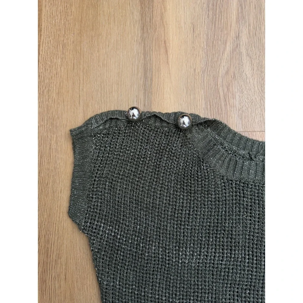 POL Olive Green Sparkle Open Knit Sweater Top Button Shoulder Boho indie M